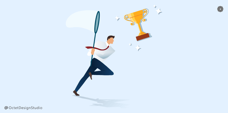 Illustration of a person chasing a trophy to symbolize pursuing perfectionism.